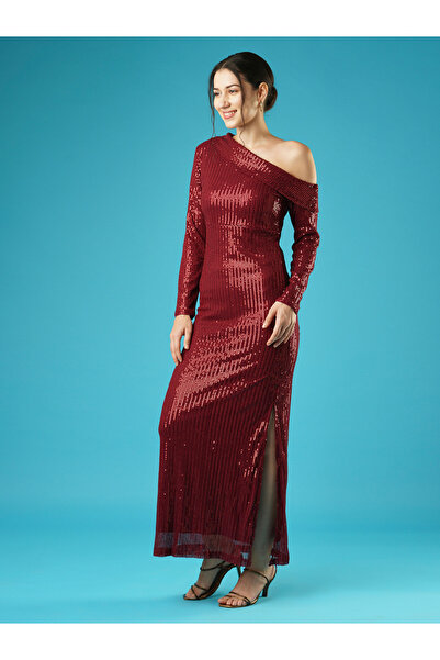 Globus By Styli Maroon Sequined One Shoulder Sheath Maxi Dress