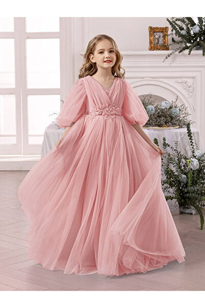 Take Two By Styli Pink Mesh Lace Detail Balloon Sleeve Dress