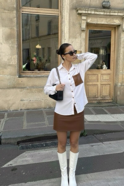 oshebu Women's Leather Pocket Detailed Poplin Shirt