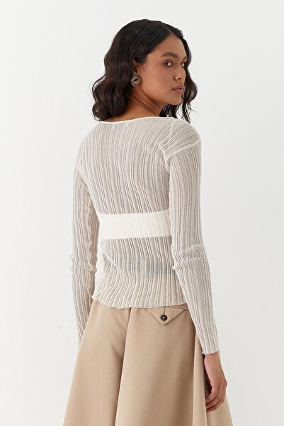 MARKALİSTE Ημιδιάφανο μακρυμάνικο μπλουζάκι κοτλέ εκρού