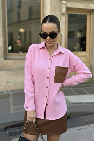 oshebu Γυναικείο δερμάτινο πουκάμισο ποπλίνα με λεπτομέρεια τσέπης