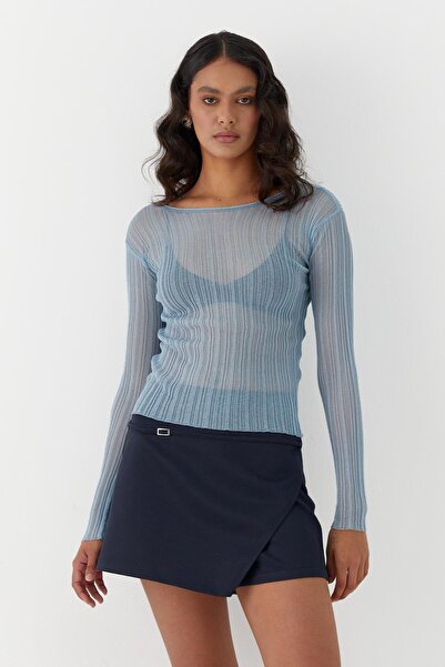 MARKALİSTE Ημιδιαφανές μακρυμάνικο μπλουζάκι κοτλέ μπλε