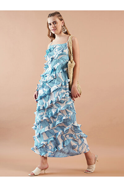 Freehand By Styli Tropical Print Ruffled Strappy Maxi Dress