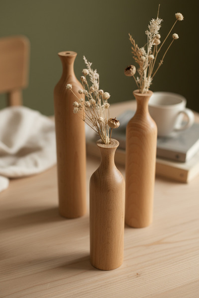 HAMUR Wooden Set of 3 Decorative Vases Modern Minimalist Rustic Living Room Office Home Decor Flower Holder Ovida