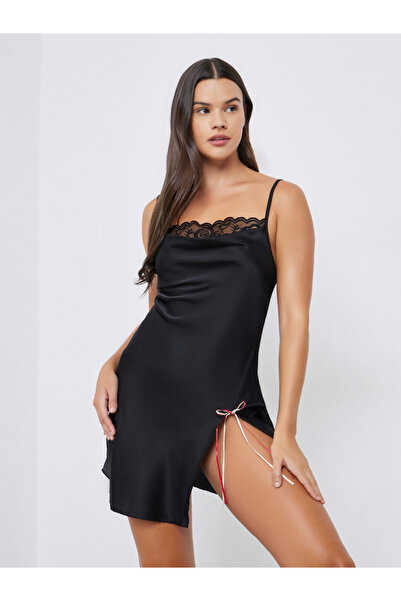 Styli Lace Detail Cowl Neck Satin Slip with Thigh Slit and Brief