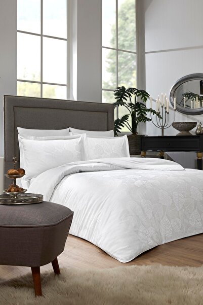 Özdilek Yaprak Çift Kişilik Jakarlı Saten Nevresim Takımı Beyaz