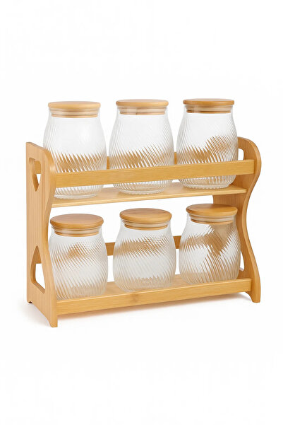 Urbanza 6 Swirl Glass Jars with Bamboo Lids & Wooden Rack – Kitchen Spice Storage Organizer Set
