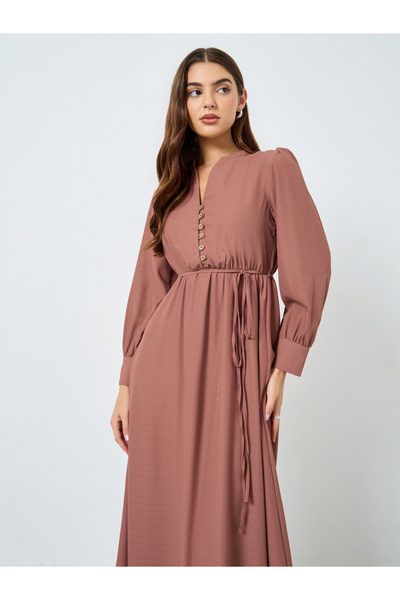 Maxim Creation By Styli Beige Long Sleeves Buttoned Maxi Dress