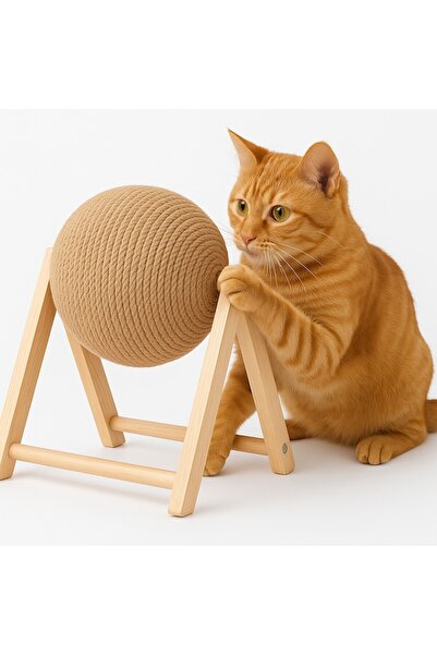 Brivoo® Brivoo Cat Toy – 12 cm Rotating Sisal Ball with Wooden Stand, 2 Assembly Modes, Brown