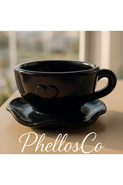 Phellos 🧙 ‍ ♀️   طقم كوب وصحن من الراتنج اللامع باللون الأسود / تمثال صغير، ...