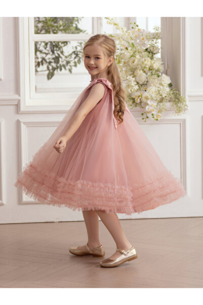 Take Two By Styli Girls Bow Tie Ruffle Hem Mesh Party Dress