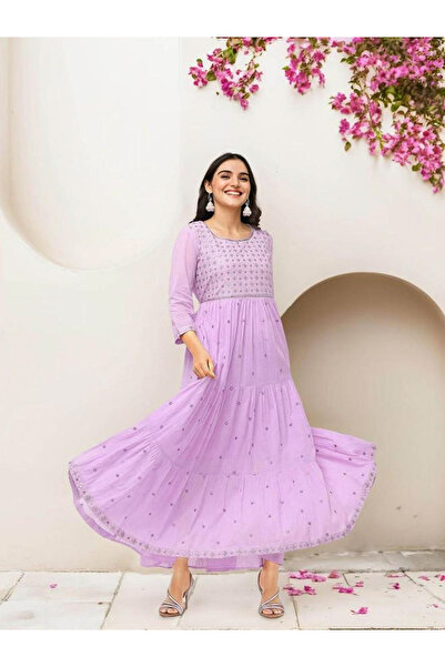 Ishin By Styli Lilac Mirror-Work Tiered Maxi Dress