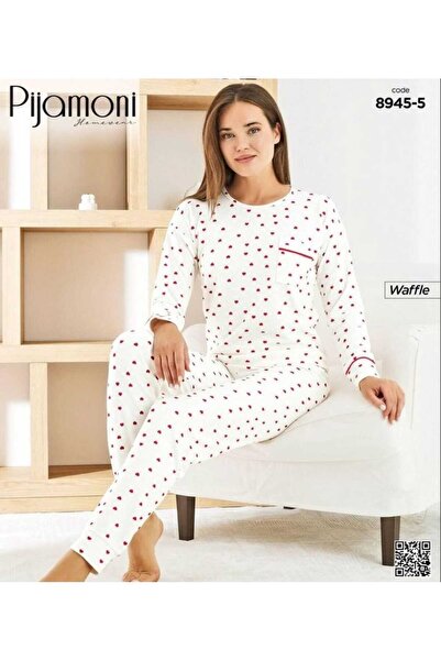 Pijamoni KADIN WAFFLE BEYAZ ZARİF KIRMIZI KALP DESENLİ PİJAMA TAKIMI