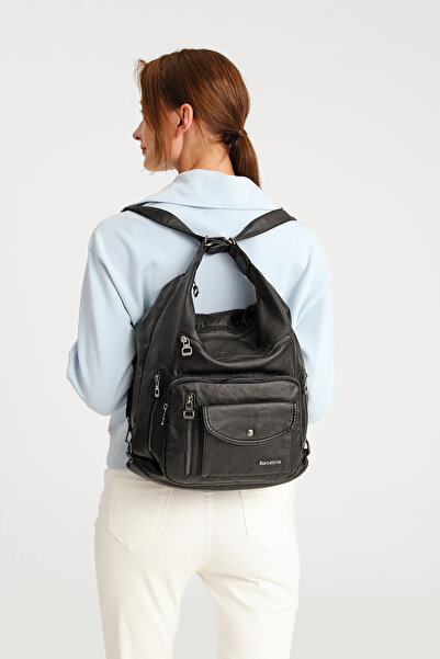 Hüvendo Barcelona Multi-Pocket Daily Adjustable Strap Large Size Women's Shoulder and Backpack Platinum