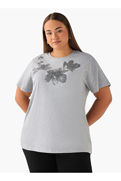 Ulla Popken Regular Fit Cotton T-shirt with Floral Embellishment
