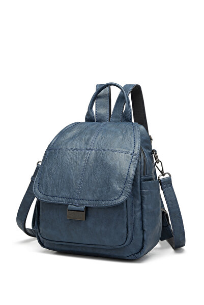 Hüvendo Barcelona Multi-Pocket Cover Detailed Casual Medium Size Women's Backpack Navy Blue