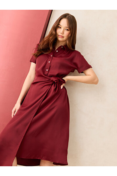Outzidr By Styli Maroon Wrap Front Shirt Midi Dress