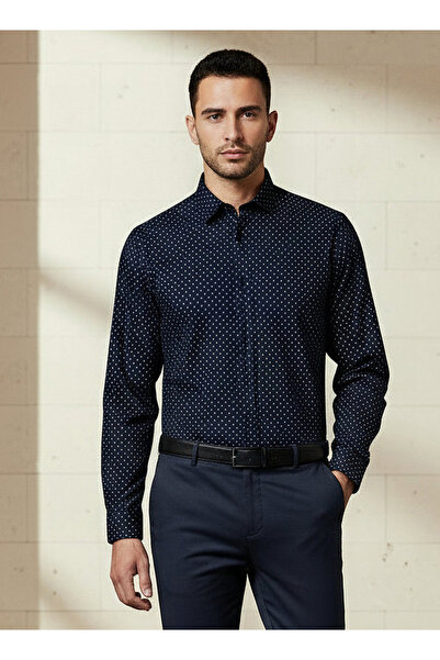 FAV قميص رجالي قصة ضيقة بأكمام طويلة وياقة مطبوع