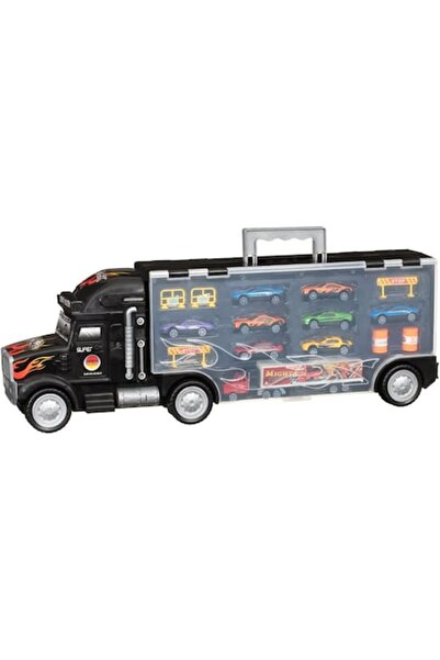 Brivoo® Trailer Truck Set with 8 Cars, Scale 1:22, Storage Compartments, Black Design, Brivoo