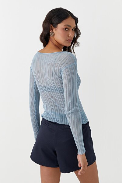 MARKALİSTE Ημιδιαφανές μακρυμάνικο μπλουζάκι κοτλέ μπλε