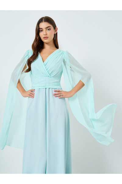 Take Two By Styli Teal Solid Pleated Cape Sleeve Maxi Dress