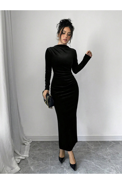 Take Two By Styli Velvet Look Fitted Waist Long Sleeve Maxi Dress
