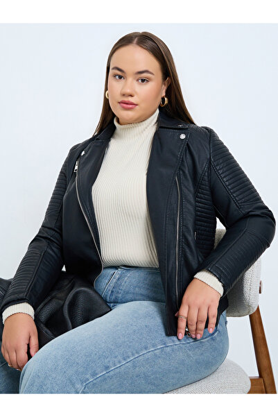 Take Two By Styli Plus Size Black Faux Leather Biker Jacket