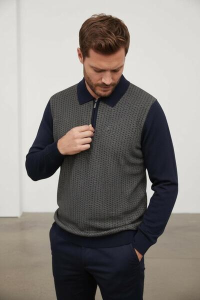 Sarar Πλεκτό πουλόβερ με φερμουάρ και γιακά πόλο σε μπλε ναυτικό μπεζ