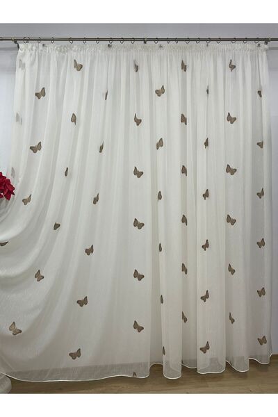 Liz Line Embroidered curtain, ivory/brown color, with drapery, from the "Papillon" collection PD0377