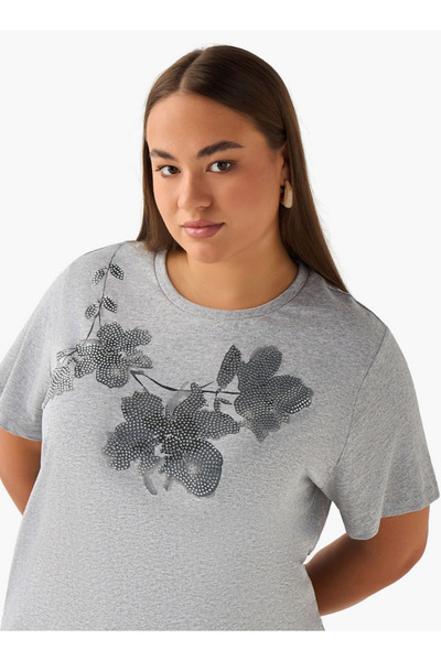 Ulla Popken Regular Fit Cotton T-shirt with Floral Embellishment