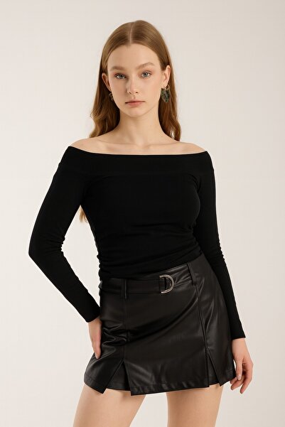 Kallisto Black Boot Neckline Waist Draped Long Sleeve Modal Blouse