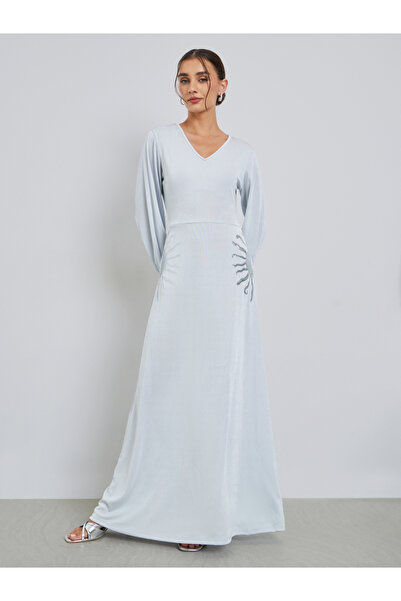 Styli Grey Textured Sequin Embroidery Maxi Dress