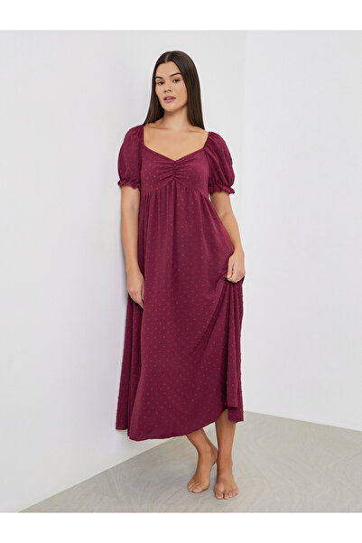Styli Dobby Pattern Ruched V Neck Nightdress with Puff Sleeves
