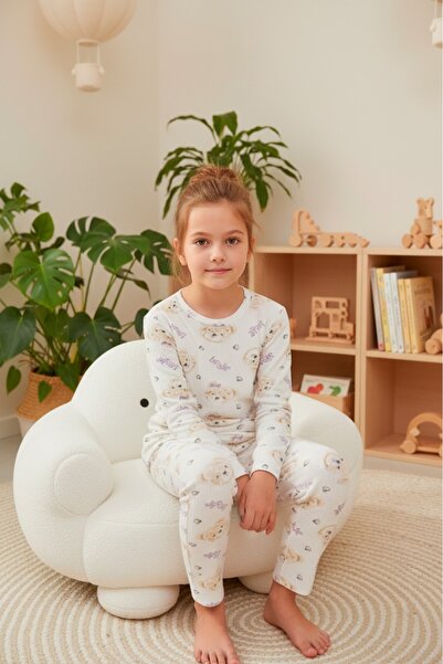 LİLA İÇ GİYİM طقم بيجامة بناتي بأكمام طويلة من إنترلوك مع نمط مطبوع