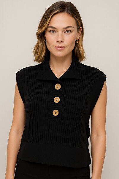 Okçu Triko Düğme Detaylı Kolsuz Triko-25K43754-SİYAH-99