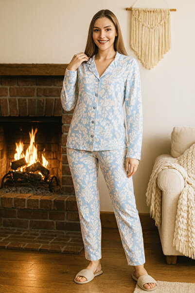 REMSA Set de pijamale cu nasturi Suprem cu model pentru femei 0482 Blue02