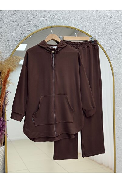 MİHRA STORE Hande Kangaroo Pocket Zippered Pants Set-Mf1746 Brown