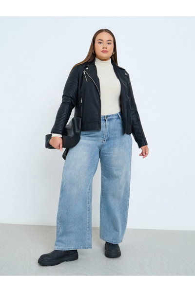 Take Two By Styli Plus Size Black Faux Leather Biker Jacket