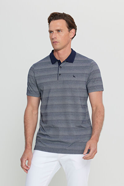 ALTINYILDIZ CLASSICS Men's Navy Blue Cotton Slim Fit Slim Fit Polo Neck Jacquard T-Shirt