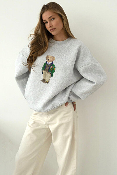 The Champ Clothing Жіночий сірий оверсайз-светр з принтом ведмедя - велосипедний комір, 3 нитки, шерстяний зимовий фасон