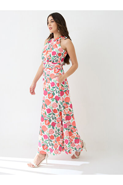 Globus By Styli Floral Fruit Print Pleated Detail Flared Fusion Jumpsuit