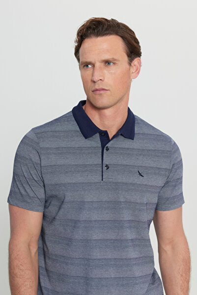 ALTINYILDIZ CLASSICS Men's Navy Blue Cotton Slim Fit Slim Fit Polo Neck Jacquard T-Shirt