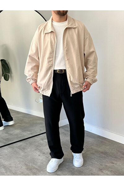 freemen Men's Basic Gabardine Fabric Zippered Oversized Transitional Polo Collar Beige Jacket