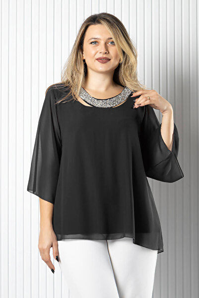 DENİMİNİ Şifon Yaka İşlemeli Büyük Beden Bluz DNM970