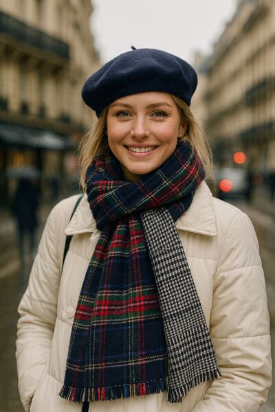 FELLMENS Navy Blue Houndstooth Double-Sided Scarf and French Painter Beret Set of 2