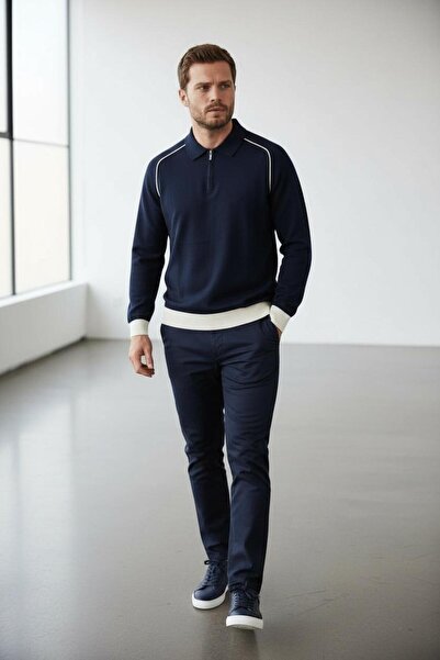 Sarar Πλεκτό πουλόβερ με φερμουάρ και γιακά πόλο σε μπλε ναυτικό χρώμα