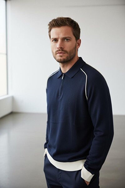 Sarar Πλεκτό πουλόβερ με φερμουάρ και γιακά πόλο σε μπλε ναυτικό χρώμα