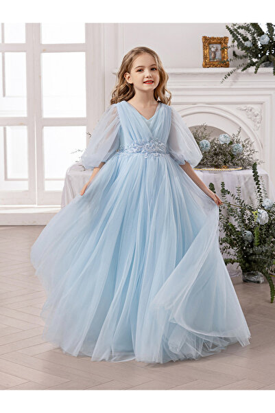 Take Two By Styli Blue Mesh Lace Detail Balloon Sleeve Dress