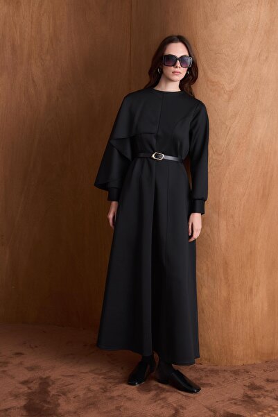 Ahel Tasarım Amelie Omuzdan Şallı Scuba Elbise - Acı Kahve