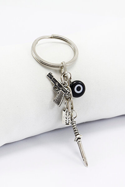 biuti Breloc pentru bărbați, breloc metalic cu sticlă neagră și mărgele de oc...